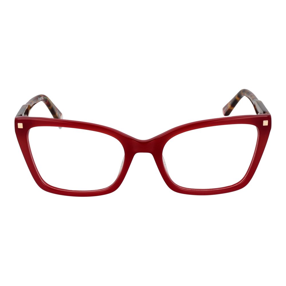 Polaroid Burgundy Women Glasses Frame in full-rim acetate cat eye design with demo lenses, stylish accessory for women.