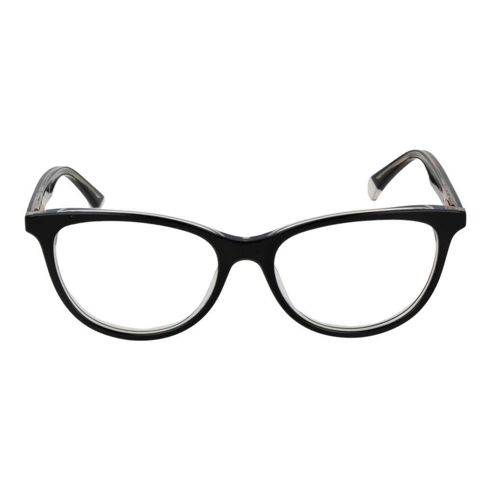 Polaroid Black Women Glasses Frame in black acetate full-rim oval style with demo lenses; includes branded case and spring hinge, temples 145mm long.