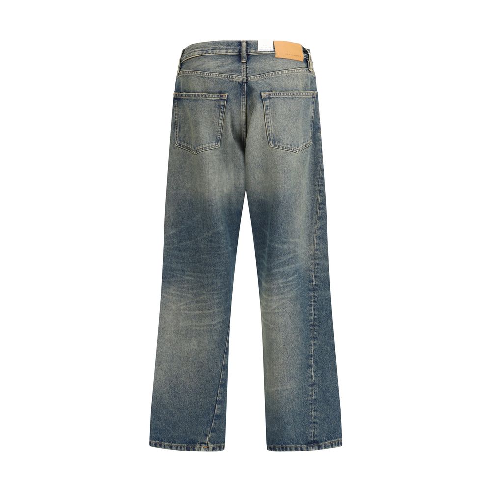 Sunflower Blue Cotton Jeans Denim with wide cut and twisted seams for vintage style.