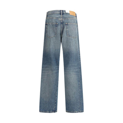 Sunflower Blue Cotton Jeans Denim featuring wide twist design with vintage wash and recycled metal trim, back view.