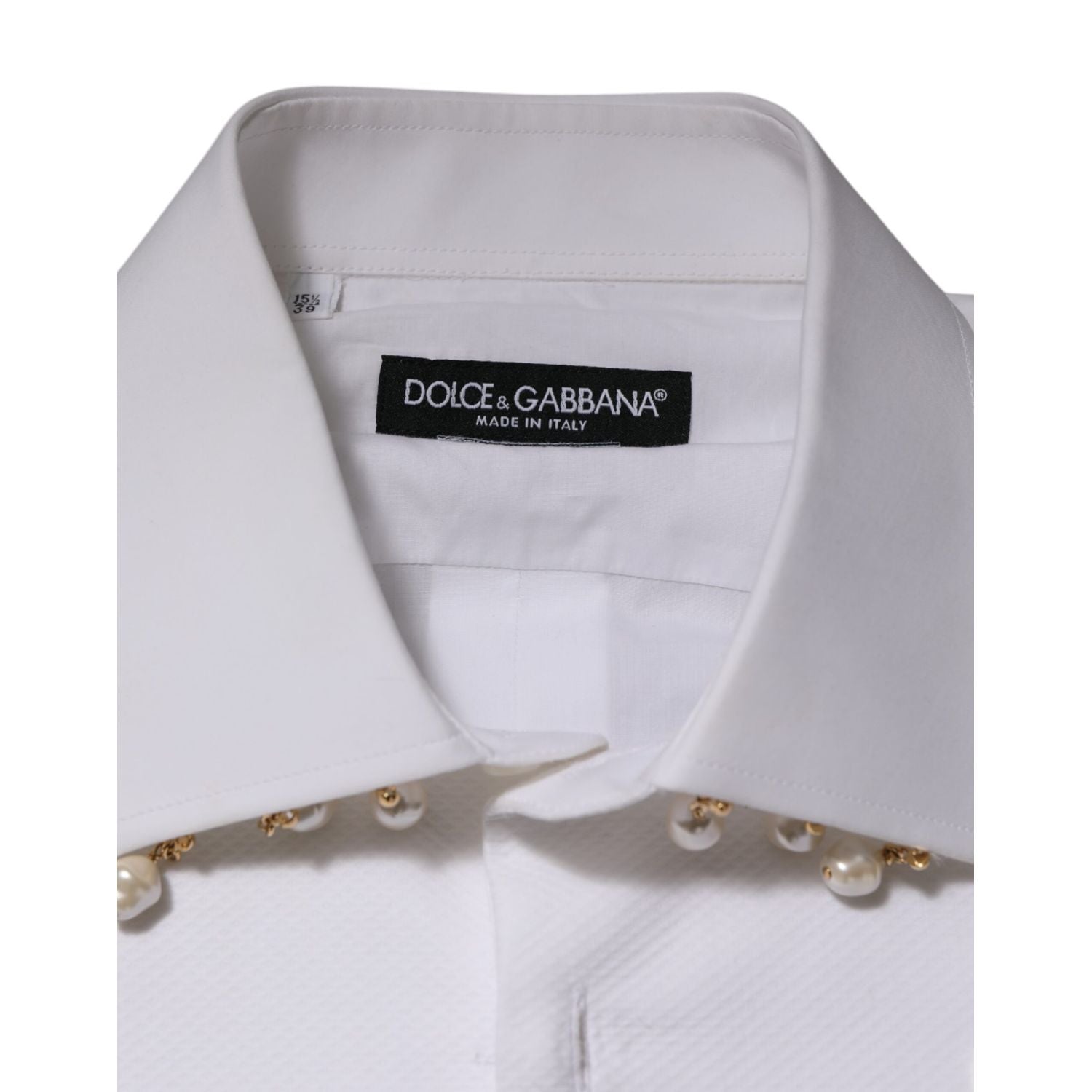 Dolce & Gabbana White Cotton DG Logo Pearl Chain Formal Shirt