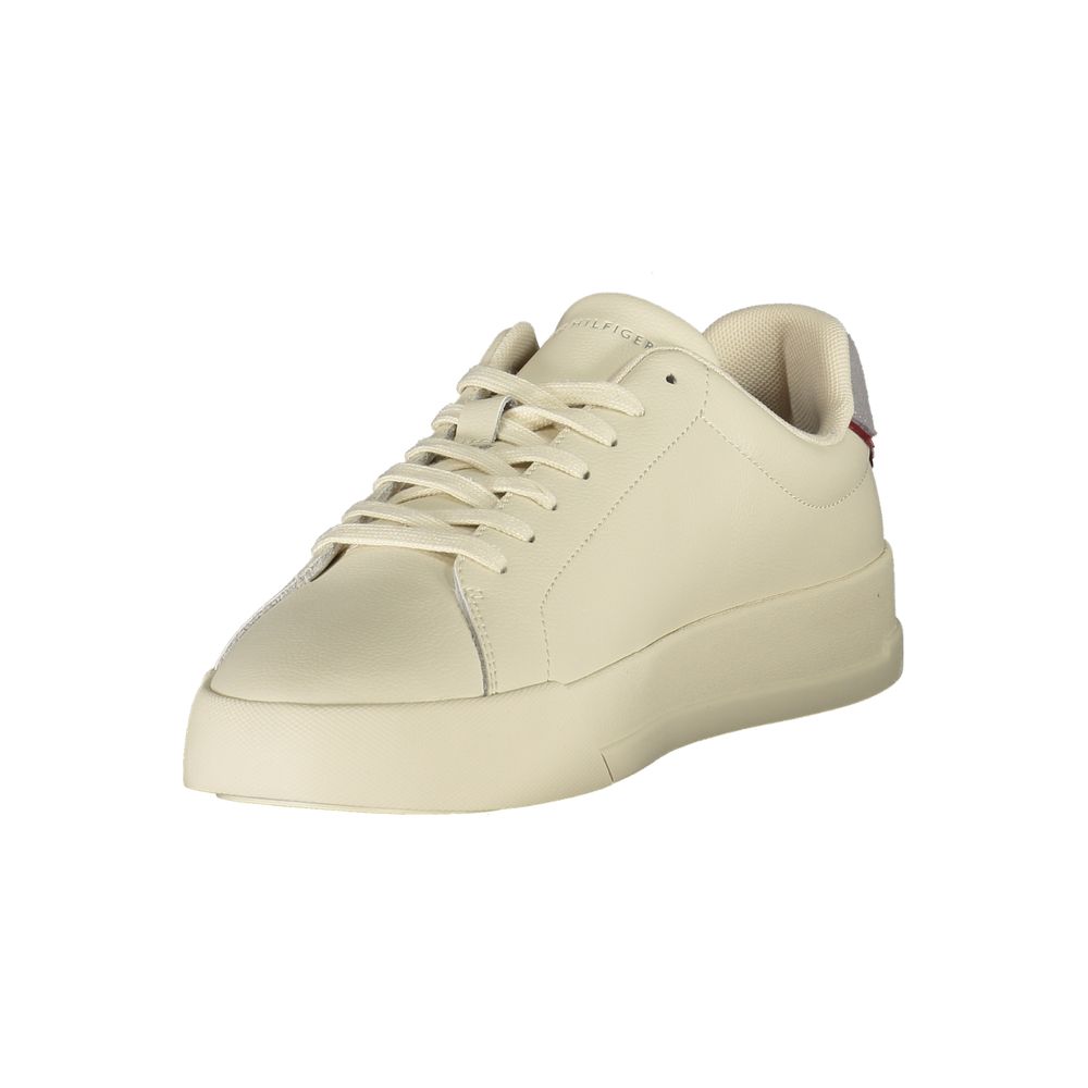 Tommy Hilfiger Beige Leather Men Sneaker with modern luxury, removable footbed, and iconic logo, perfect for casual fashion-forward style.