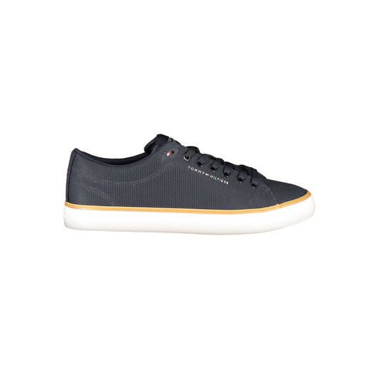 Tommy Hilfiger Blue Polyester Men Sneaker, stylish lace-up with contrasting details, featuring signature logo and removable footbed.