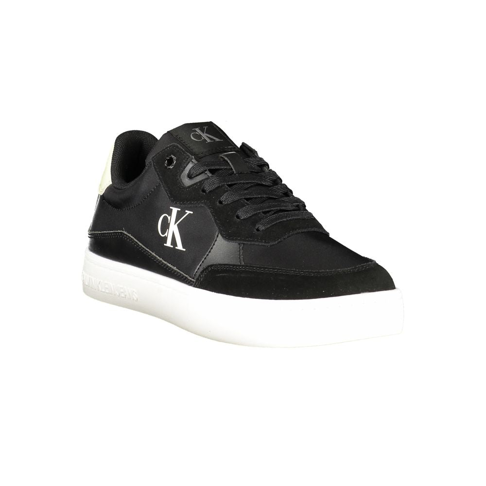 Calvin Klein Black Leather Men Sneaker with iconic logo, sleek design, and removable footbed for personalized comfort.