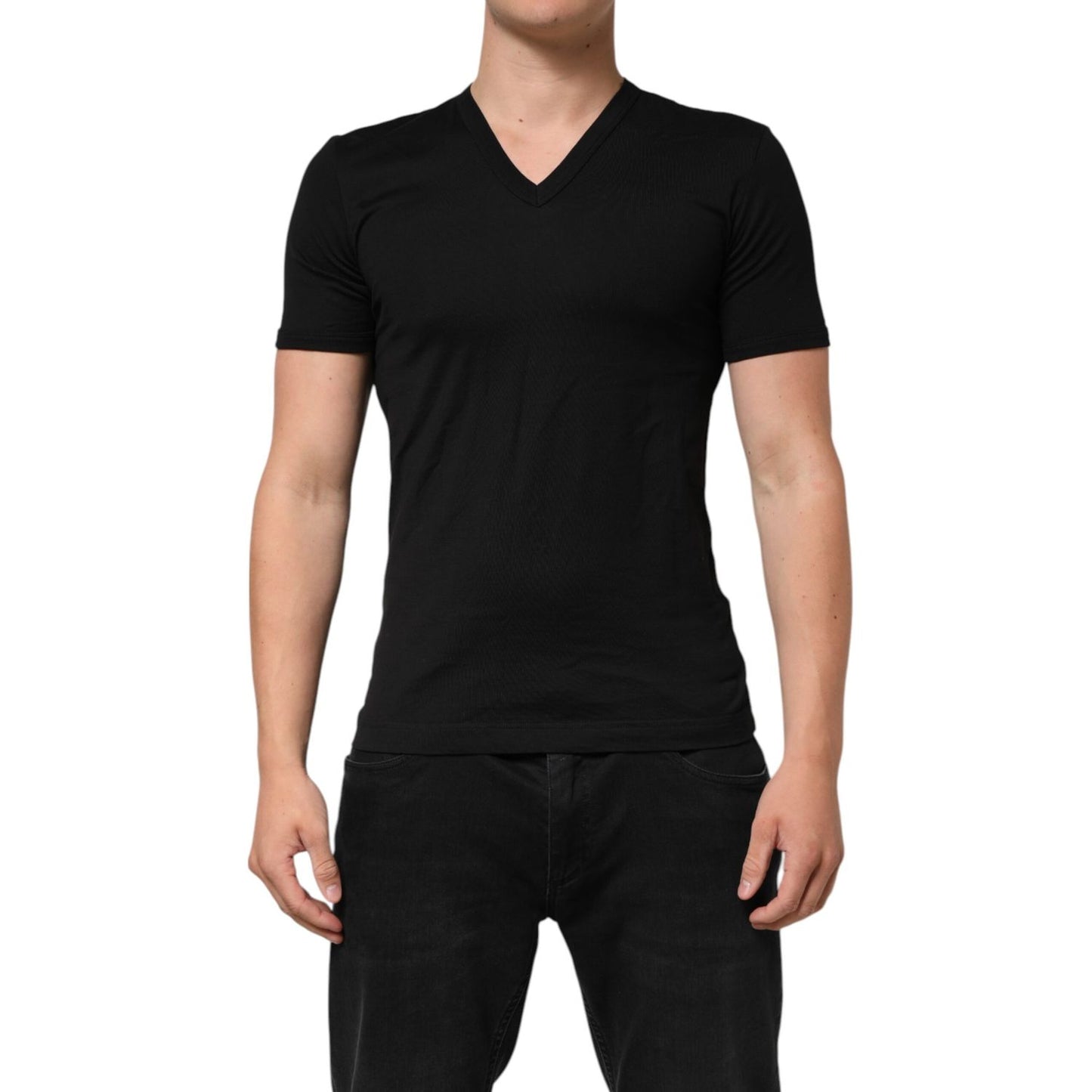 Dolce & Gabbana Black Cotton Plain V-Neck Men Shirt T-shirt