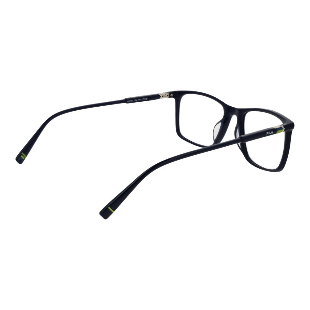 Fila Blue Men Glasses Frame in cellulose acetate with full-rim rectangle design, demo lenses, spring hinge, size 53-18-145, branded case included.
