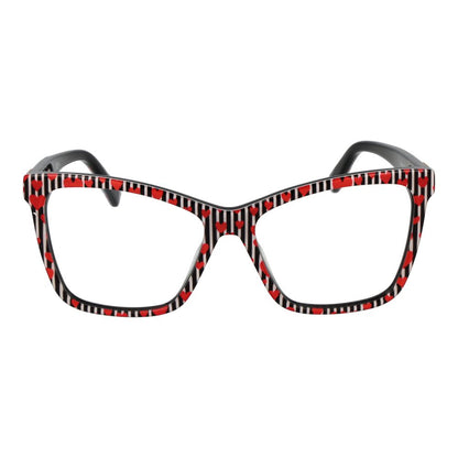 Love Moschino Black Acetate Glasses (Frames) with geometric full-rim and red heart pattern, demo plastic lenses, and spring hinge.