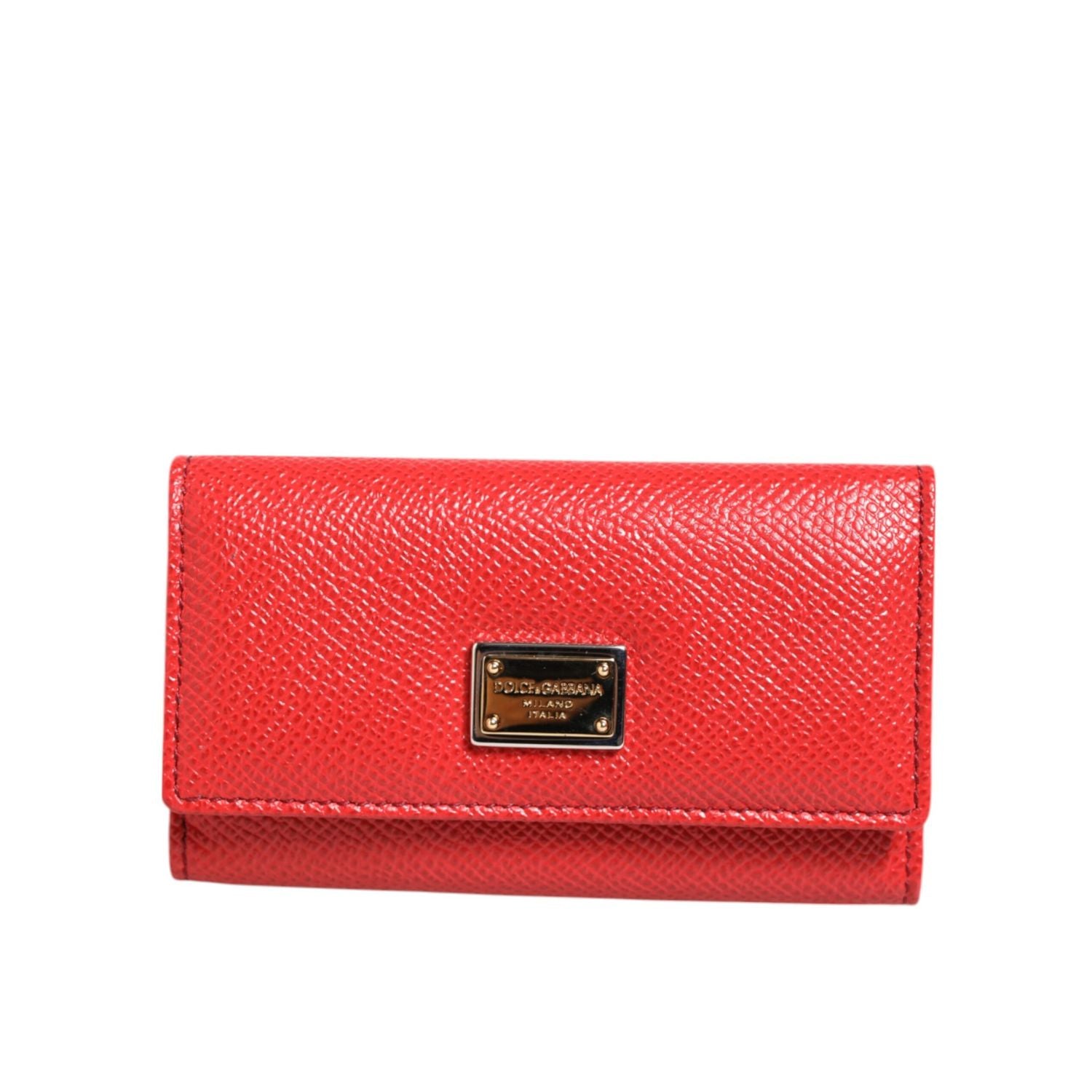 Dolce & Gabbana Red Leather Silver Metal Logo Plaque Trifold  Key Holder