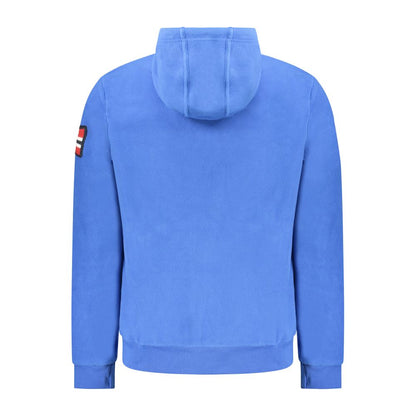Back view of Norway 1963 Blue Polyester Men Sweater with hood and embroidered logo, showcasing cozy fleece material in vibrant blue.