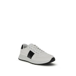 Prada Leather Sneakers in two-tone design with lace-up closure, featuring reinforced toe and iconic logo, made in Italy.