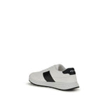 Prada Leather Sneakers in two-tone design with logo detail, lace-up closure, and rubber sole, showcasing elegance and contemporary style.