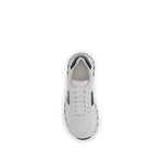 Prada Leather Sneakers in white, top view showing lace-up closure and logo detail, made from calf leather with reinforced toe and rubber sole.