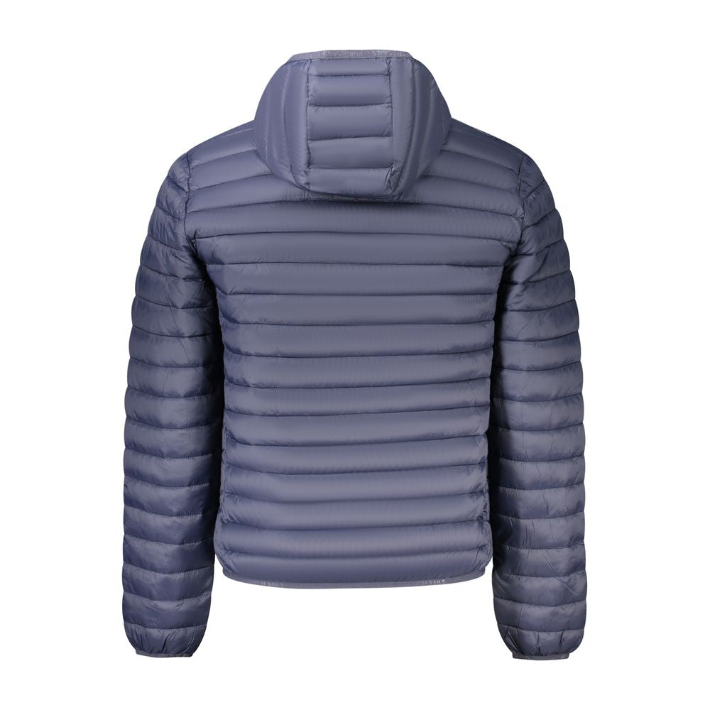 Back view of North Sails Blue Polyester Men Jacket with hood, featuring padded design and long sleeves.
