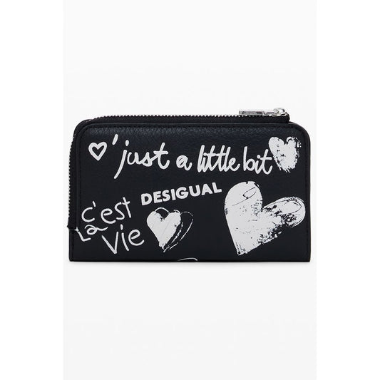 Desigual Black Polyethylene Women Wallet, stylish black accessory with bold text designs, three compartments, and secure closures.