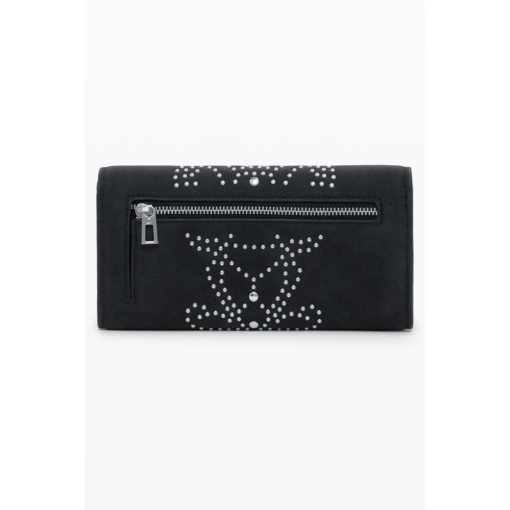 Front view of Desigual Black Polyethylene Women Wallet with studs and zip closure, showcasing edgy design and functionality.