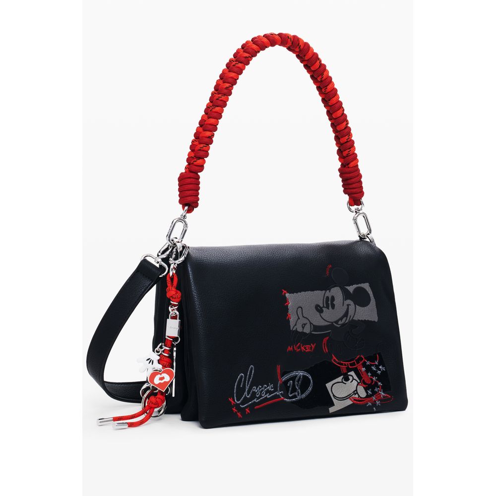 Desigual Black Polyethylene Women Handbag with Mickey Rock design and adjustable strap.