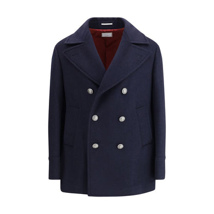 Brunello Cucinelli Blue Wool Coat with metal button closure and classic lapel collar, showcasing elegant design and functional features.
