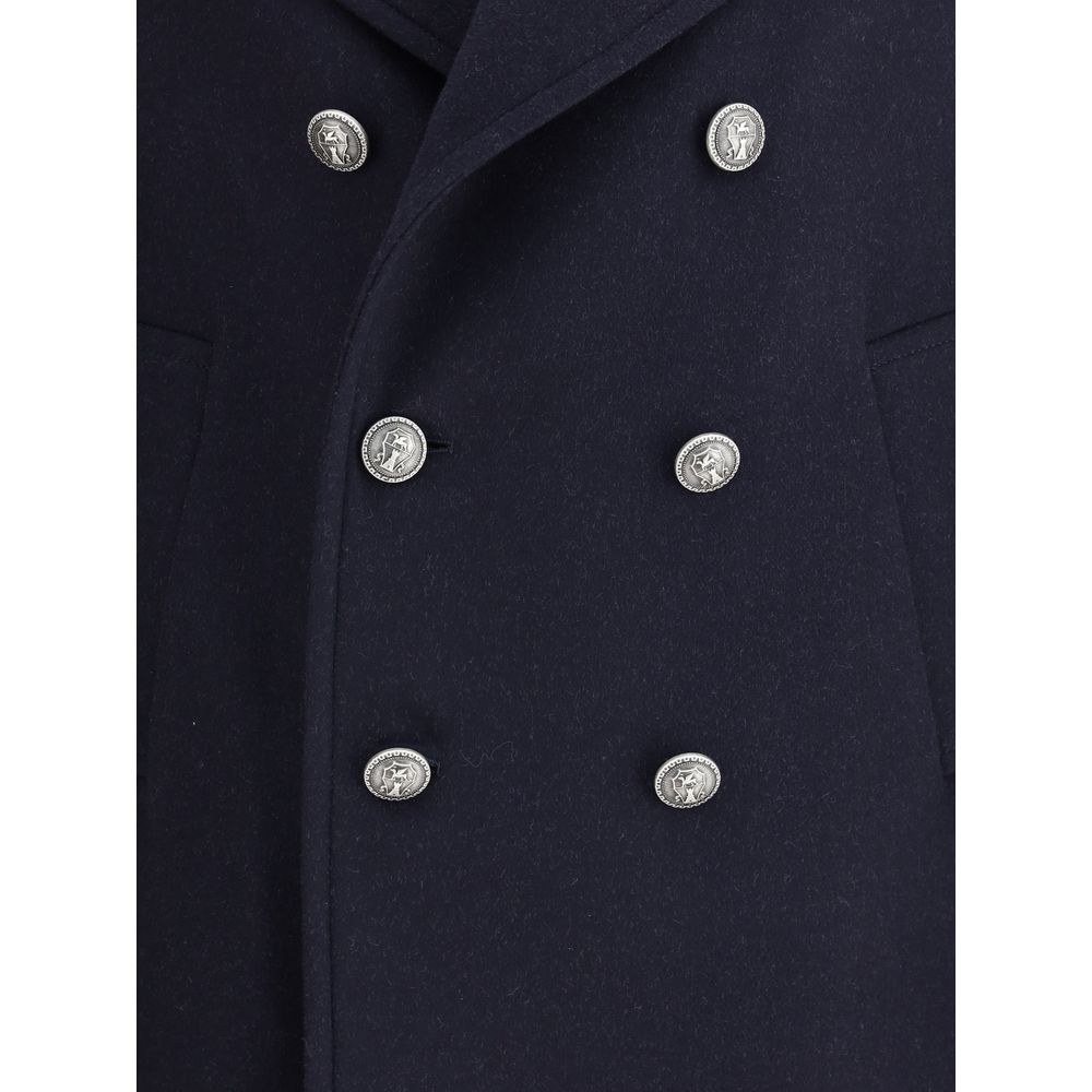 Brunello Cucinelli Blue Wool Coat with metal button closure and classic lapel, showcasing refined design and functionality.