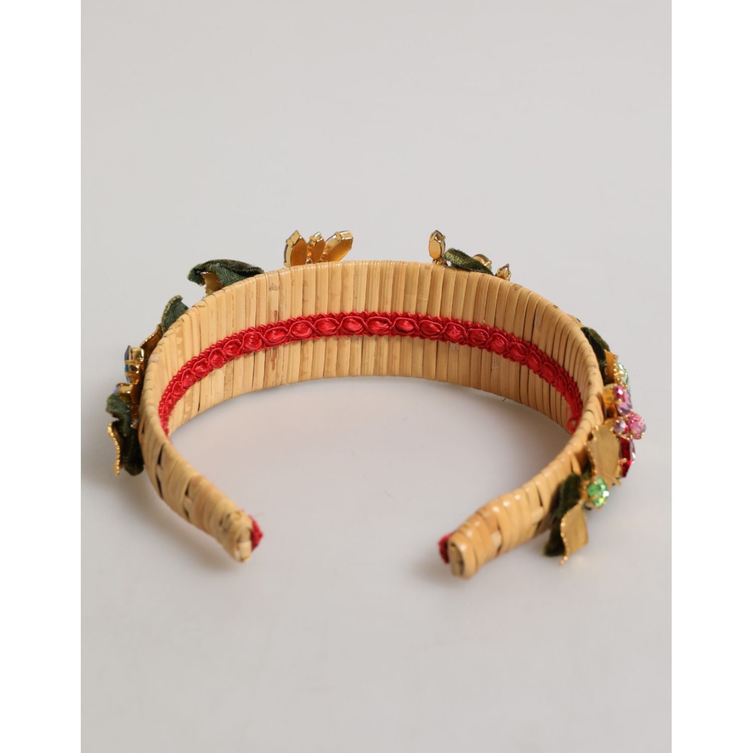 Dolce & Gabbana Multicolor Crystal Floral Gold Green Velvet Crown Headband