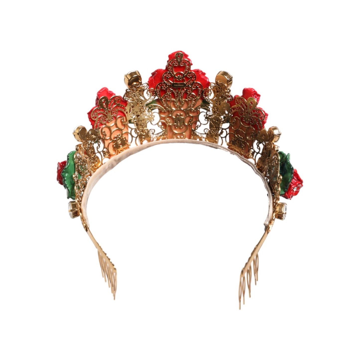 Dolce & Gabbana Red Floral Flowerpot Crystal Gold Crown Tiara Headband