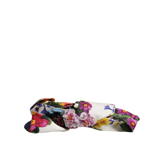 Dolce & Gabbana White Multicolor Floral Silk Bow Crystal Embellished Headband