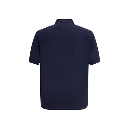 Alt Tag: Back view of Prada Blue Fleece Wool Polo Shirt with classic ribbed collar and discreet logo.