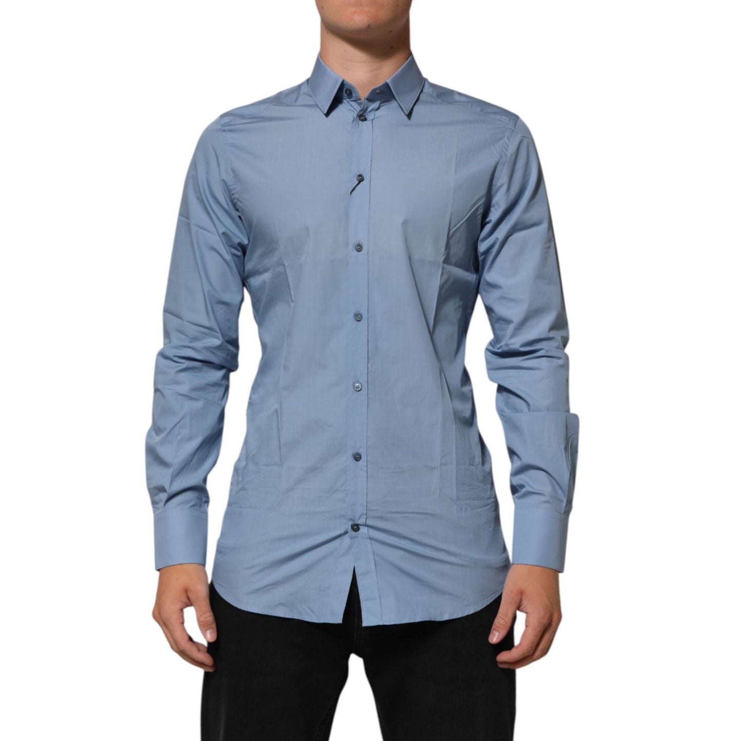 Dolce & Gabbana Blue Cotton Collared GOLD Formal Dress Shirt