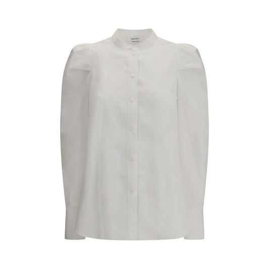 Alexander McQueen White Cotton Dress Shirt with mandarin collar and ruffled shoulders, composed of 100% Cotton, offering an elegant design. AW25.