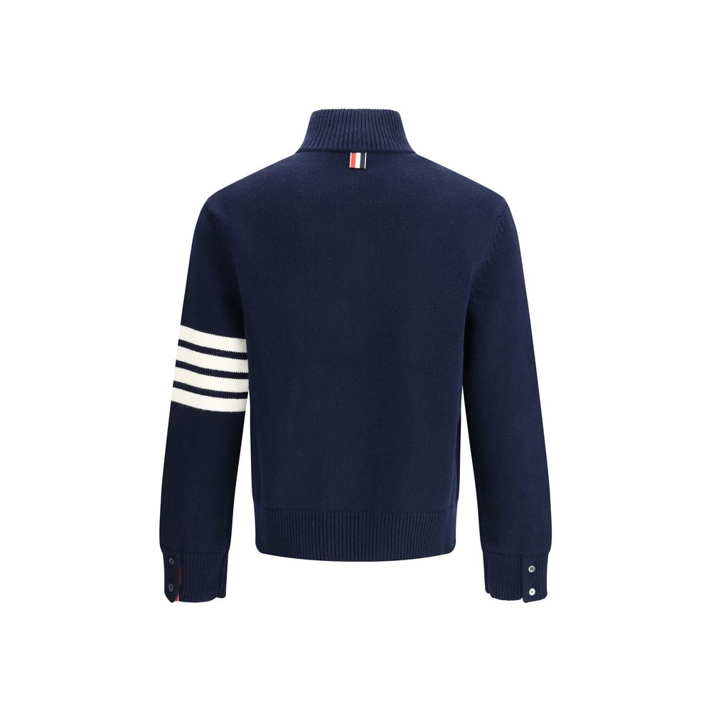 Thom Browne Blue Fleece Wool Sweatshirt with 4-Bar intarsia, back view, showcasing half-zip collar and sophisticated design. AW25 oversize fit.