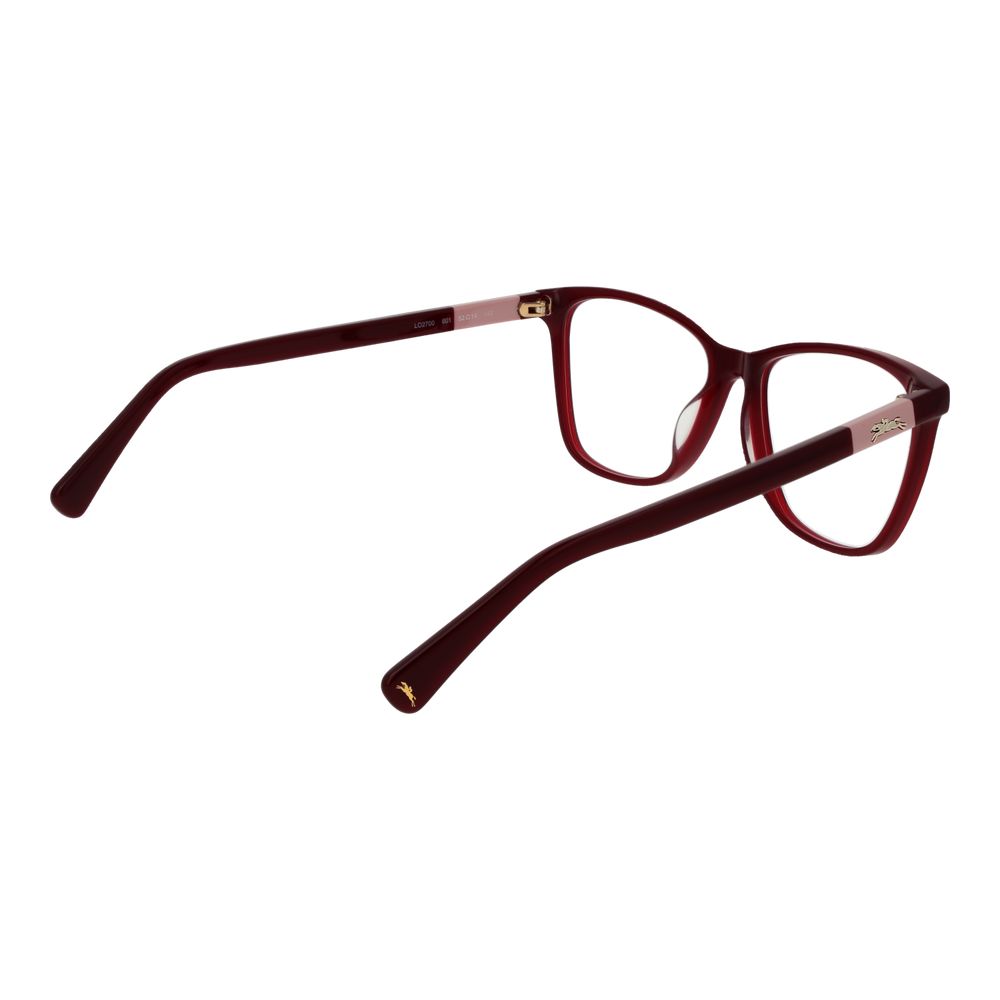 Longchamp Red Women Glasses Frame in acetate, full-rim square style with 52-14-140 size and demo lenses.