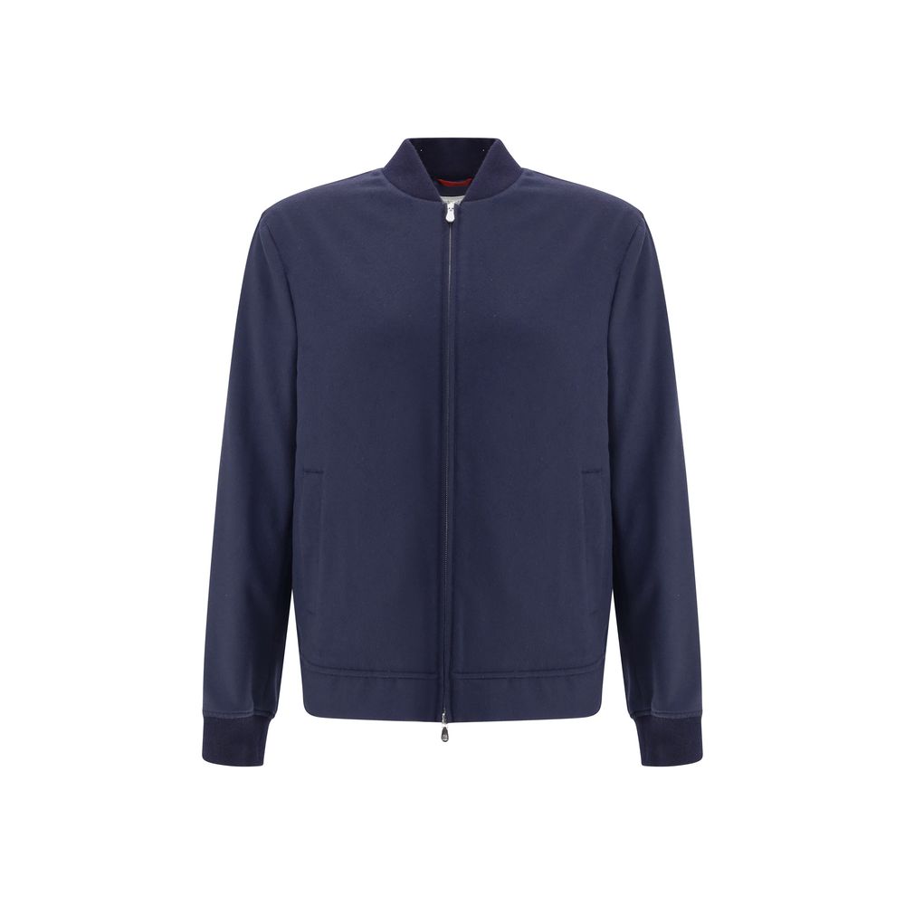 Brunello Cucinelli Blue Cashmere Bomber with double-slider zipper and ribbed cuffs, ideal for a modern, sophisticated AW25 style.