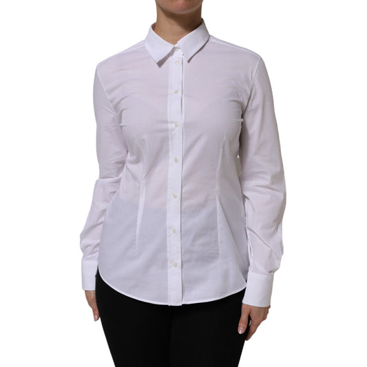 Dolce & Gabbana White Cotton Collared Dress Formal Shirt Top for women, featuring structured collar and sleek silhouette.