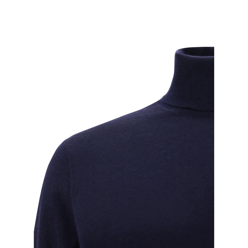 Brunello Cucinelli Blue Cashmere Cashmere Sweater with high collar, ribbed cuffs and hem, offering a refined and versatile look for AW25.