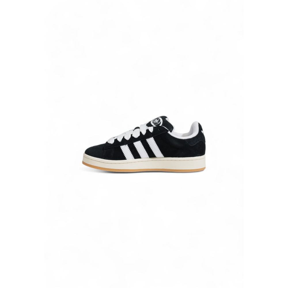 Adidas Black Suede Leather Sneaker featuring white stripes, classic design, and rubber sole for style and comfort.