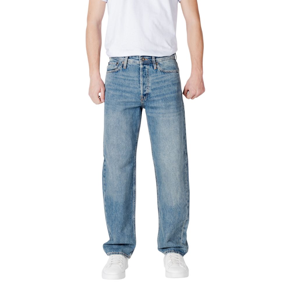 Model wearing Jack Jones Blue Cotton Relaxed Fit Jean showcasing comfort and style.