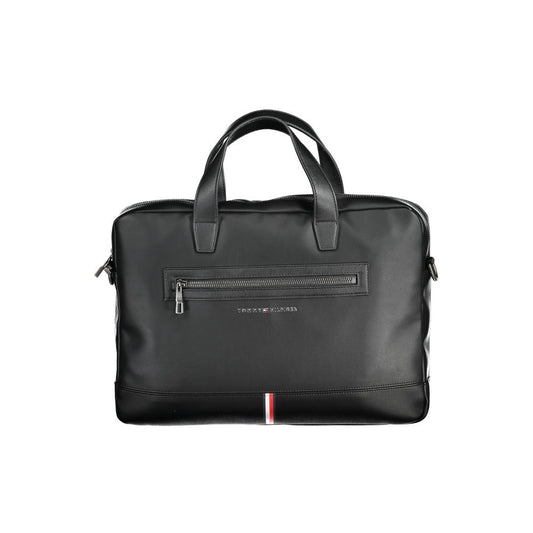 Tommy Hilfiger Black Polyethylene Handbag with zip closure, adjustable strap, and multiple pockets for documents and laptop.