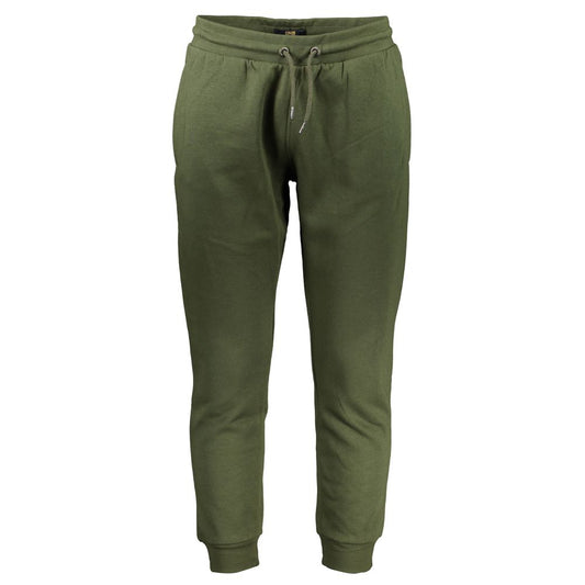 Cavalli Class Green Cotton Pant with elastic waist, lace tie, 3 pockets, ankle cuff, embroidery, and logo detailing.