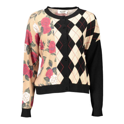 Blugirl Beige Cotton Sweater, long sleeve cardigan with crew neck, buttons, waist belt, logo, stylish design featuring floral patterns.