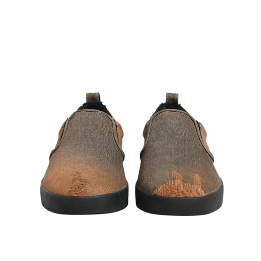 Dolce & Gabbana Brown Cotton Low Top Slip On Sneakers Shoes