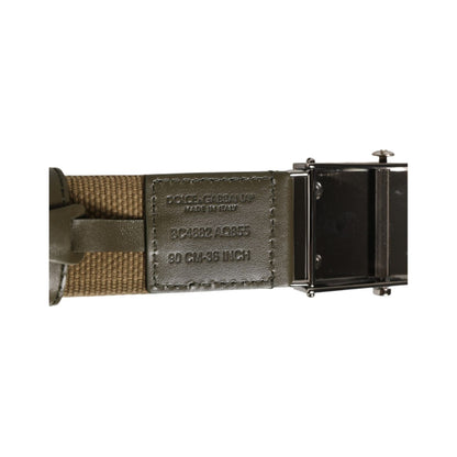Dolce & Gabbana Military Green Nylon Logo Metal Buckle Belt - close-up of buckle and tag details, made in Italy, 36 inch size.