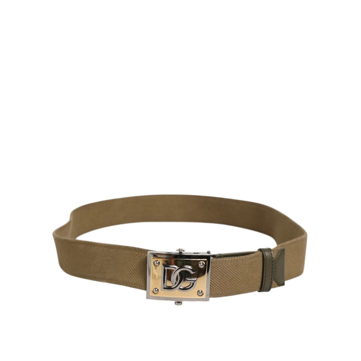 Dolce & Gabbana Military Green Nylon Logo Metal Buckle Belt with logo plaque, stylish and versatile, made in Italy.