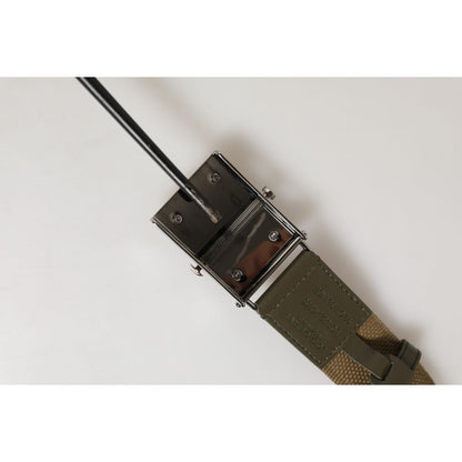 Dolce & Gabbana Military Green Nylon Logo Metal Buckle Belt close-up showing metal buckle and nylon material