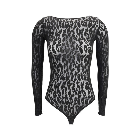 Wolford Black Polyamide Top with animalier pattern, featuring sheer and opaque textures for a bold, sophisticated style statement.