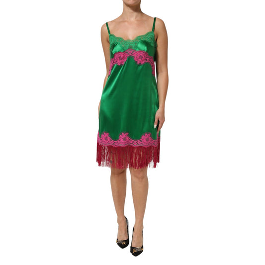 Dolce & Gabbana Green Floral Lace Fringes Lingerie Dress