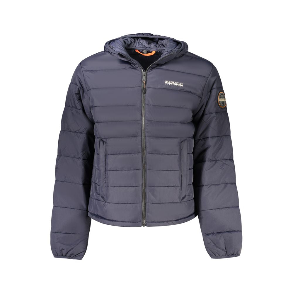 Napapijri Blue Polyamide Men's Jacket with hood and branded zip, featuring external pockets and stylish appliqué.
