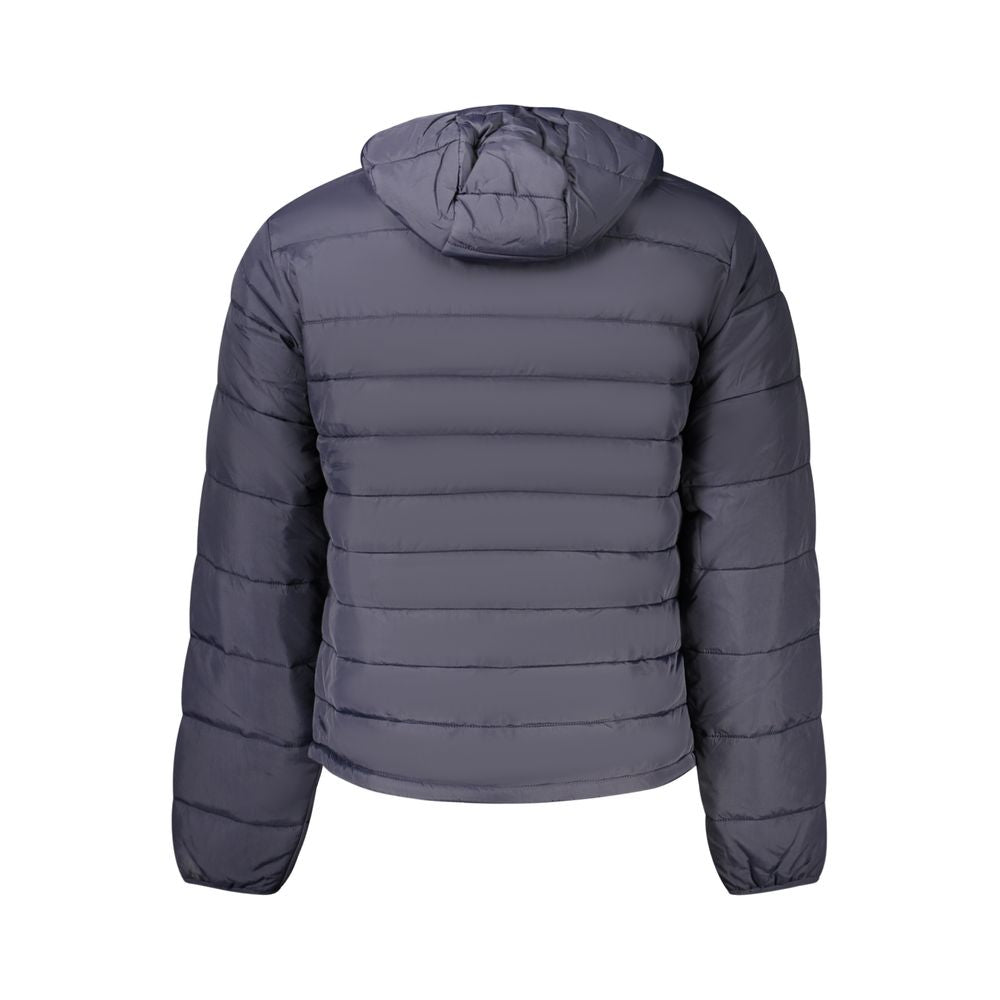 Back view of Napapijri Blue Polyamide Men's Jacket featuring a hood and sleek design.