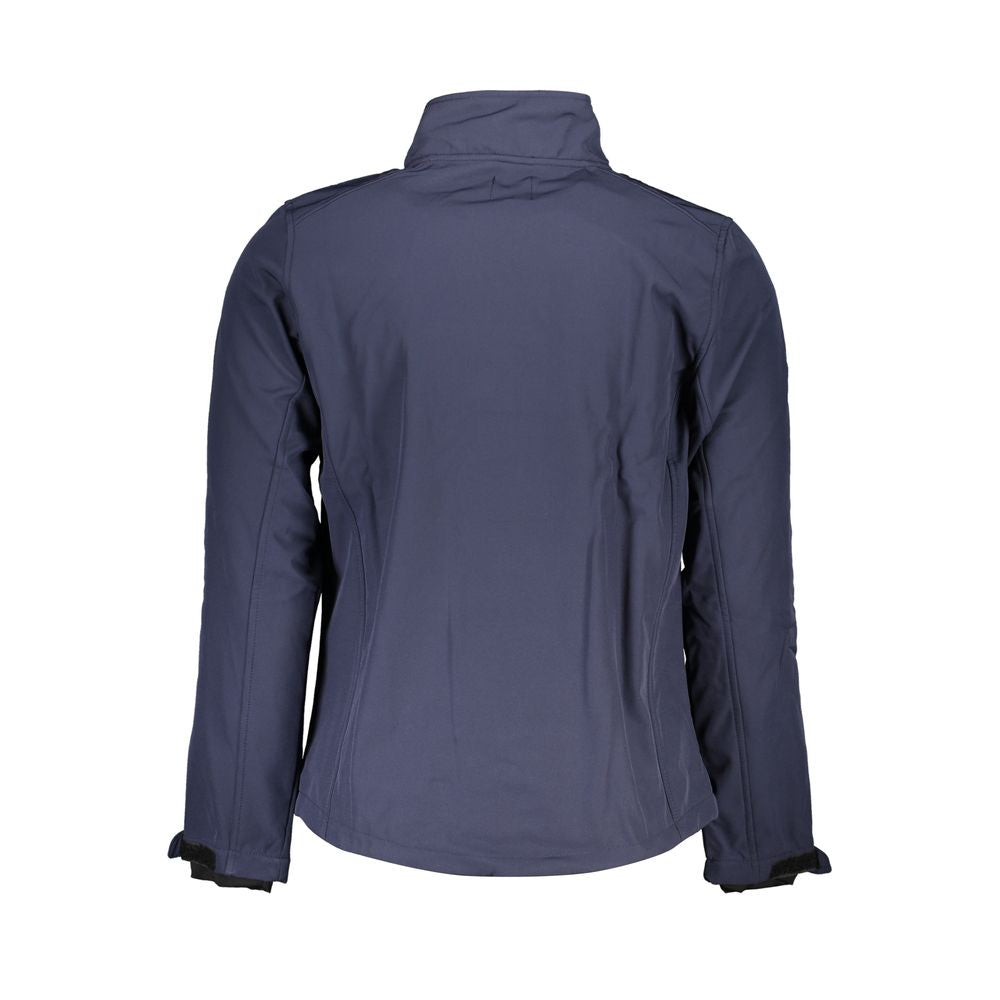Gianmarco Venturi Blue Polyester Jackets & Coat, long sleeve soft shell with contrast details and logo, back view.