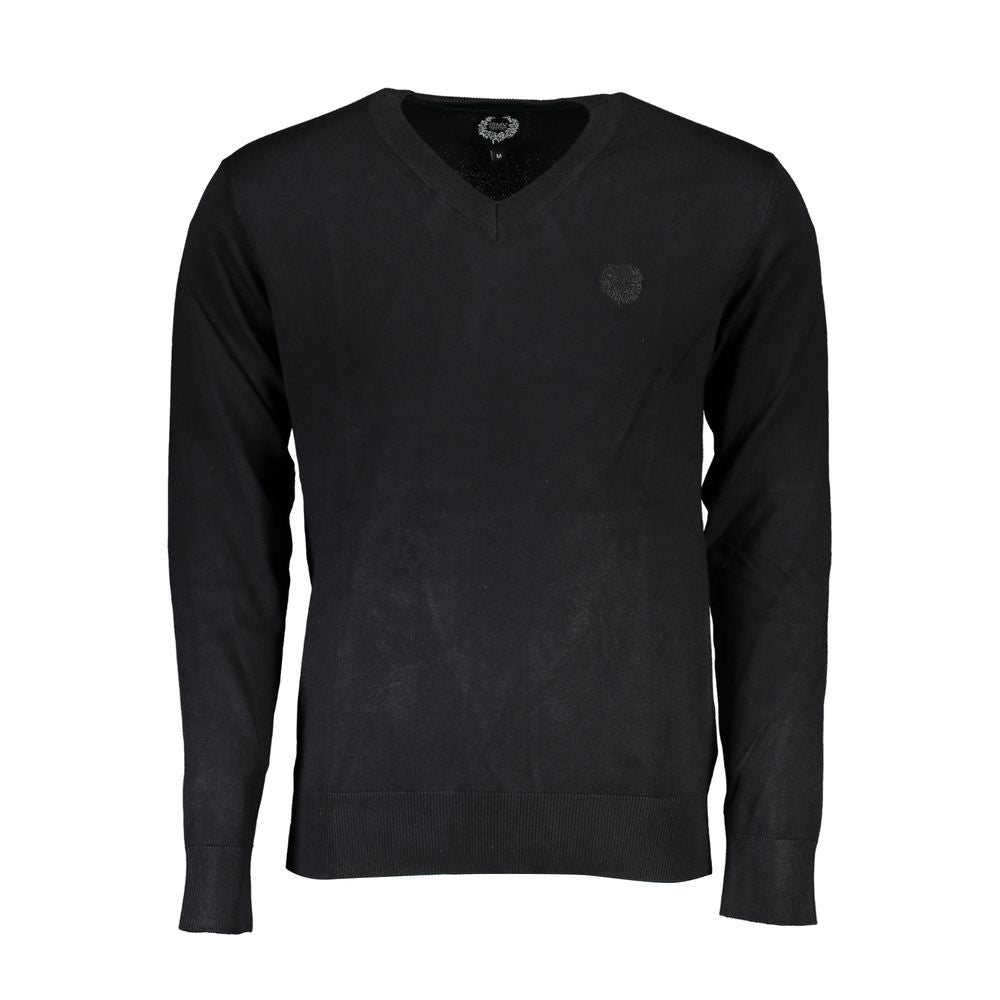 Gianmarco Venturi Black Viscose Sweater with long sleeves, V-neck, and embroidered logo.