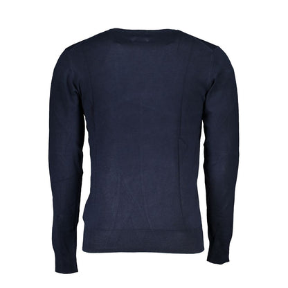 Back view of Gianmarco Venturi Blue Viscose Sweater with long sleeves and crew neck.