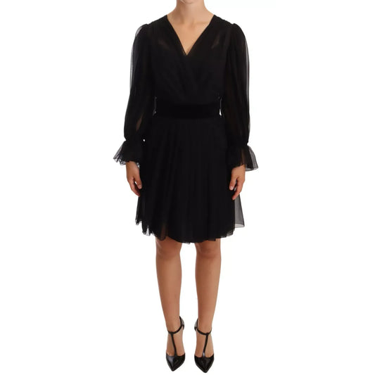 Dolce & Gabbana Black Silk Tulle Long Sleeve V-neck Dress